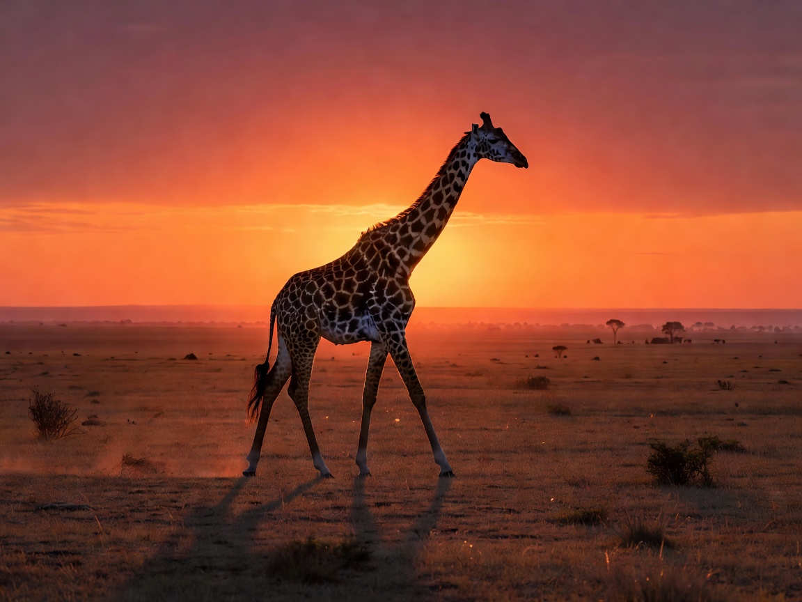 Beautiful African giraffe walking in silhouette during sunset time