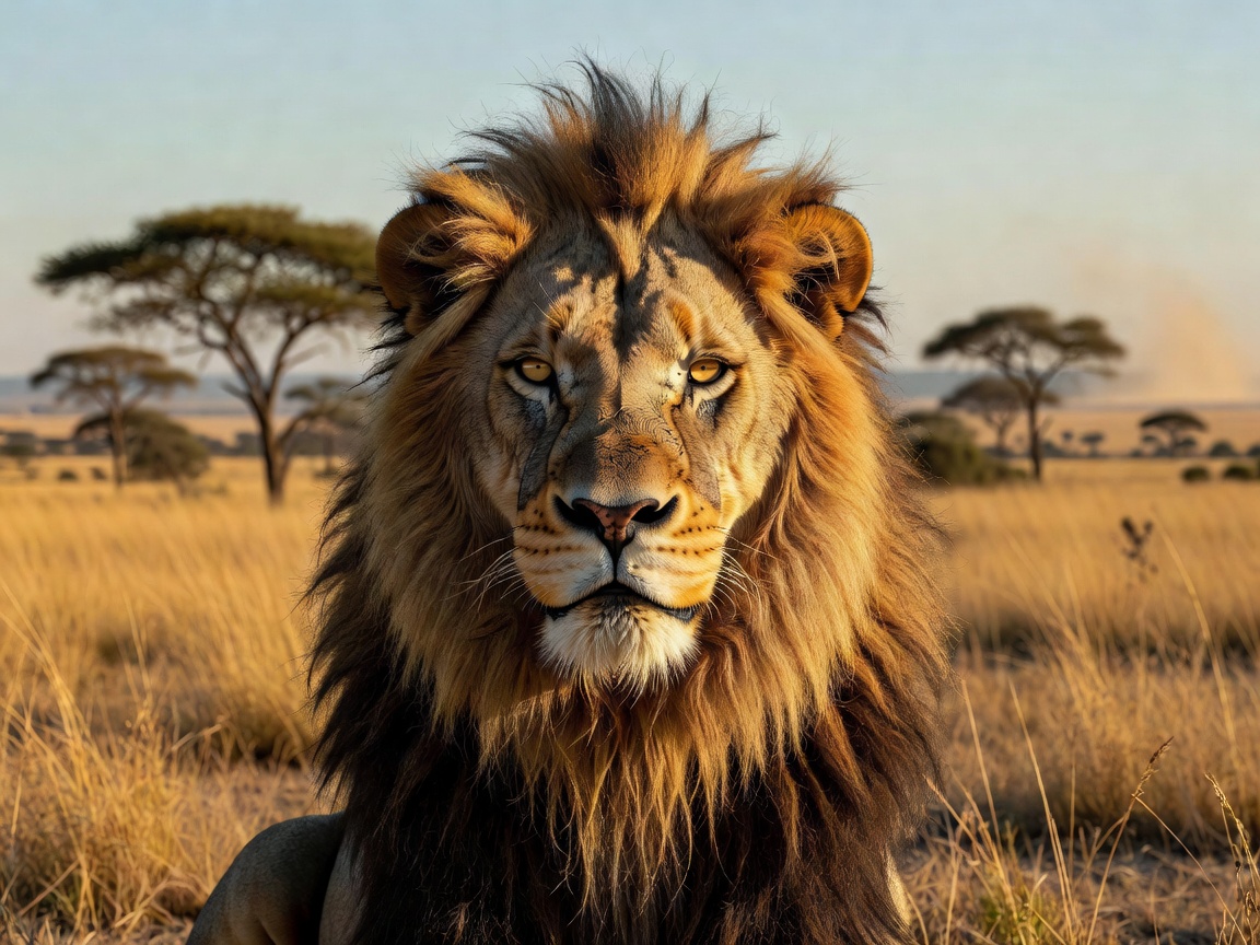Majestic face of a lion in the wild savanna