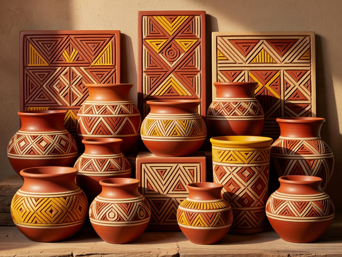Vibrant African clay colors with stylized decorative geometric carvings